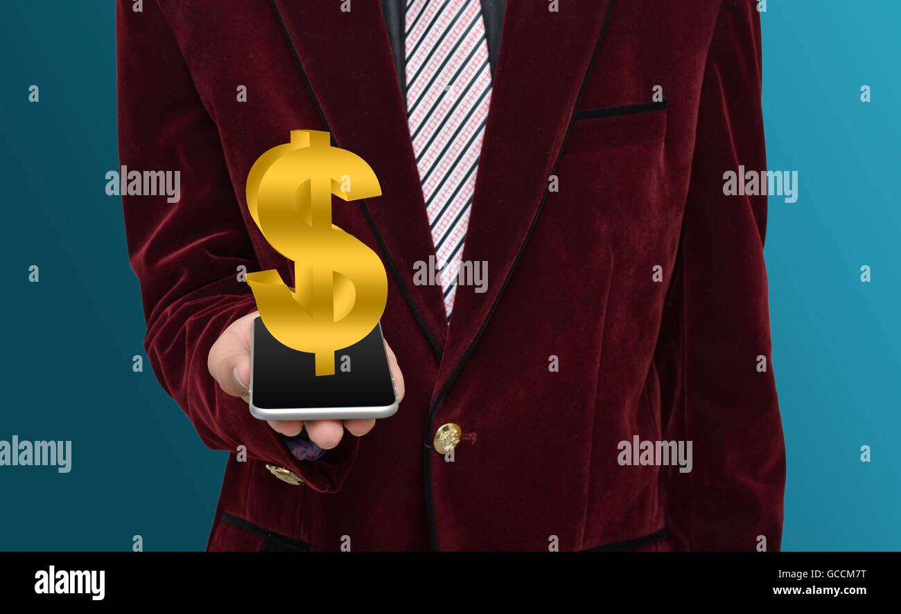 Professional con lo smartphone dollar sign. Foto Stock