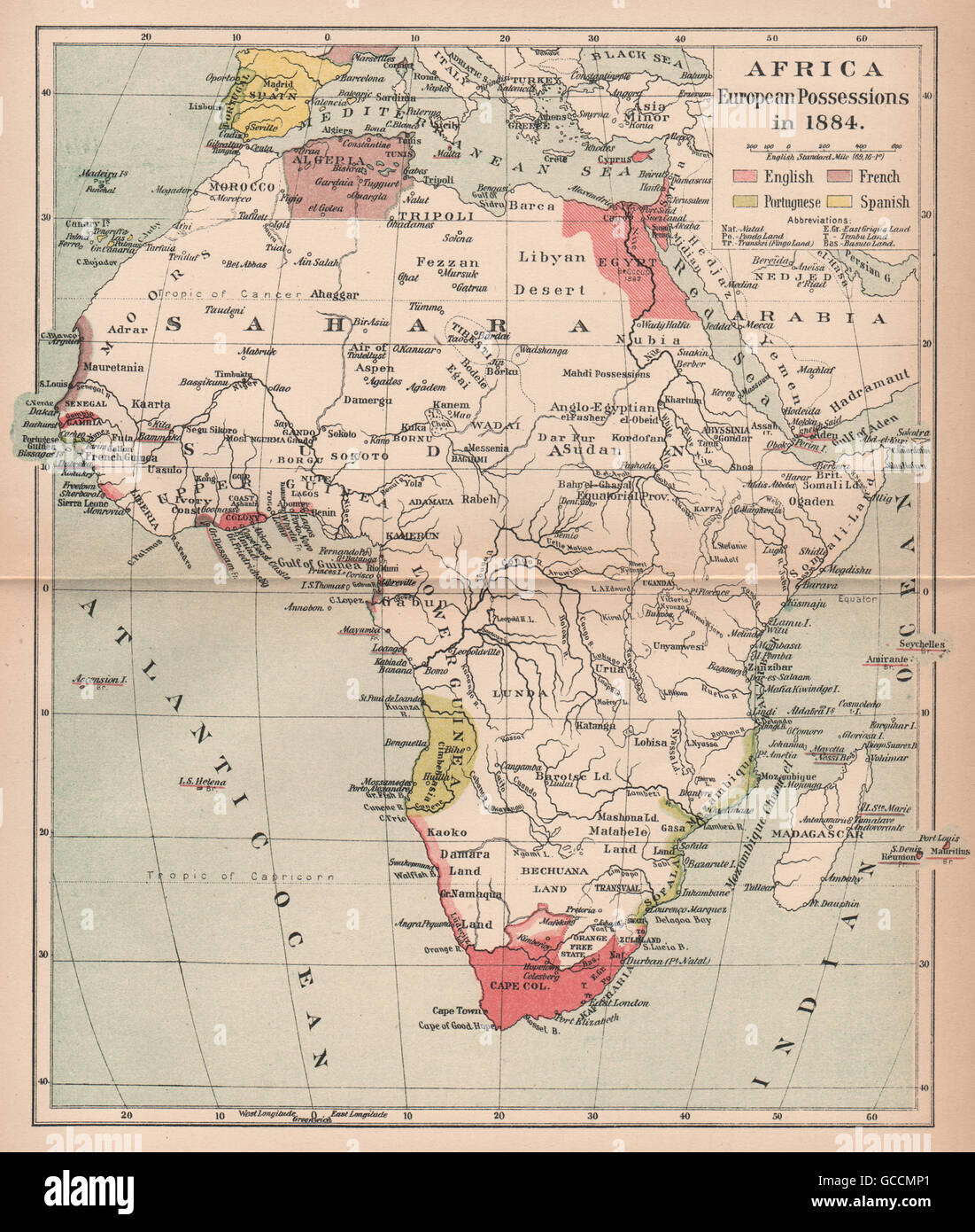 AFRICA 1884. Possedimenti europei colonie. Inglese francese portoghese, 1910 Mappa Foto Stock