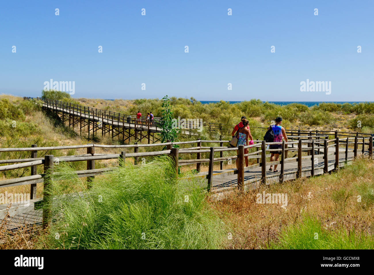 Il Portogallo, Algarve, Monte Gordo, passerella in legno passerella oltre le dune della spiaggia Foto Stock
