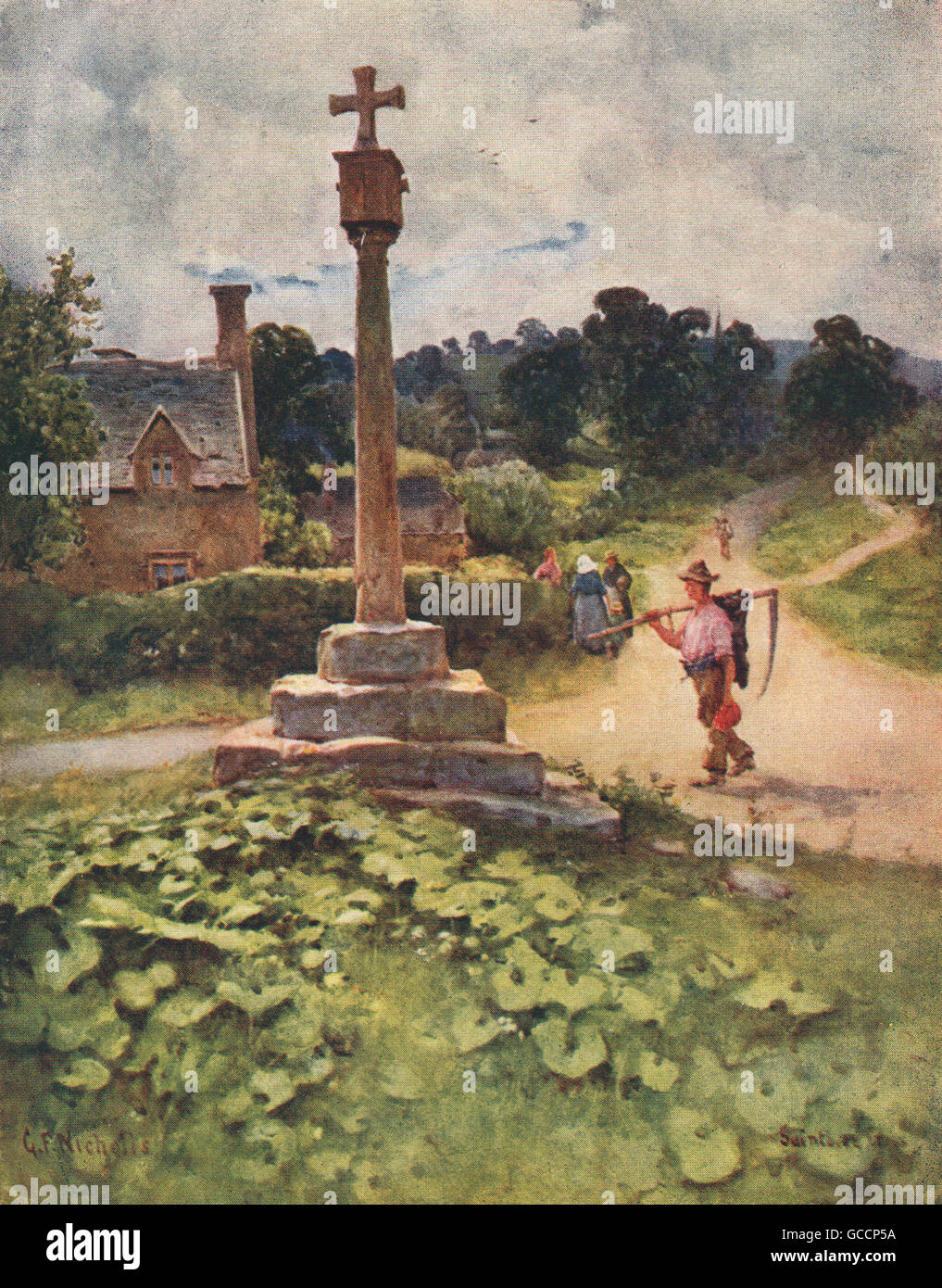 SAINTBURY croce. Il bracciante falce. Gloucestershire. Cotswolds. GF Nicholls, 1908 Foto Stock