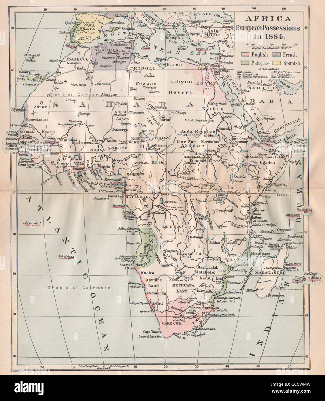 AFRICA 1884. Possedimenti europei colonie. Inglese francese portoghese, 1917 Mappa Foto Stock