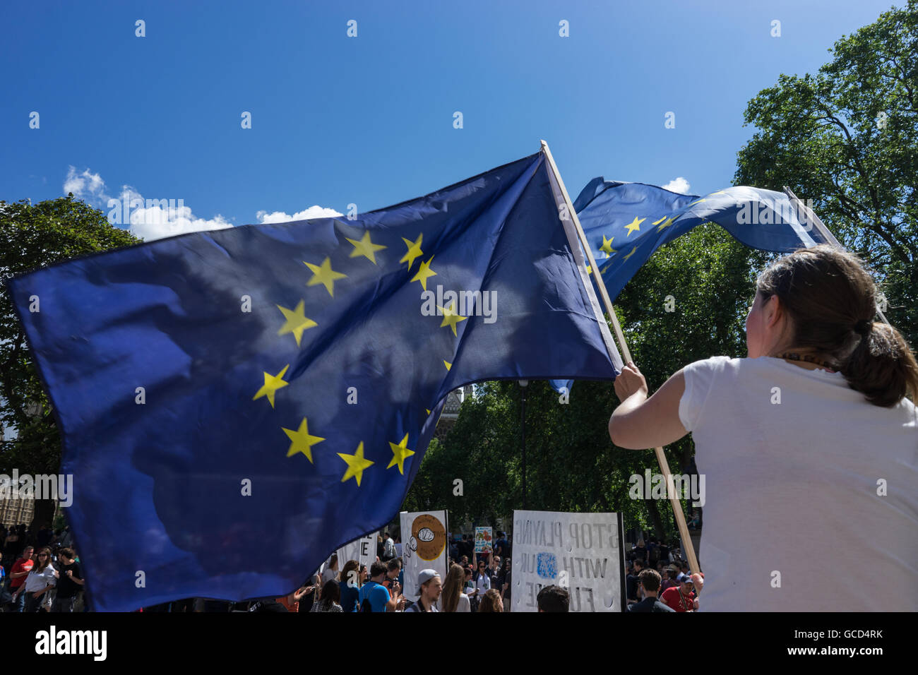 Anti- Brexit manifestanti banner onda contro il governo del Regno Unito hanno deciso di lasciare Unione europea, folle sulla strada vicino al parlamento Westminster. Foto Stock