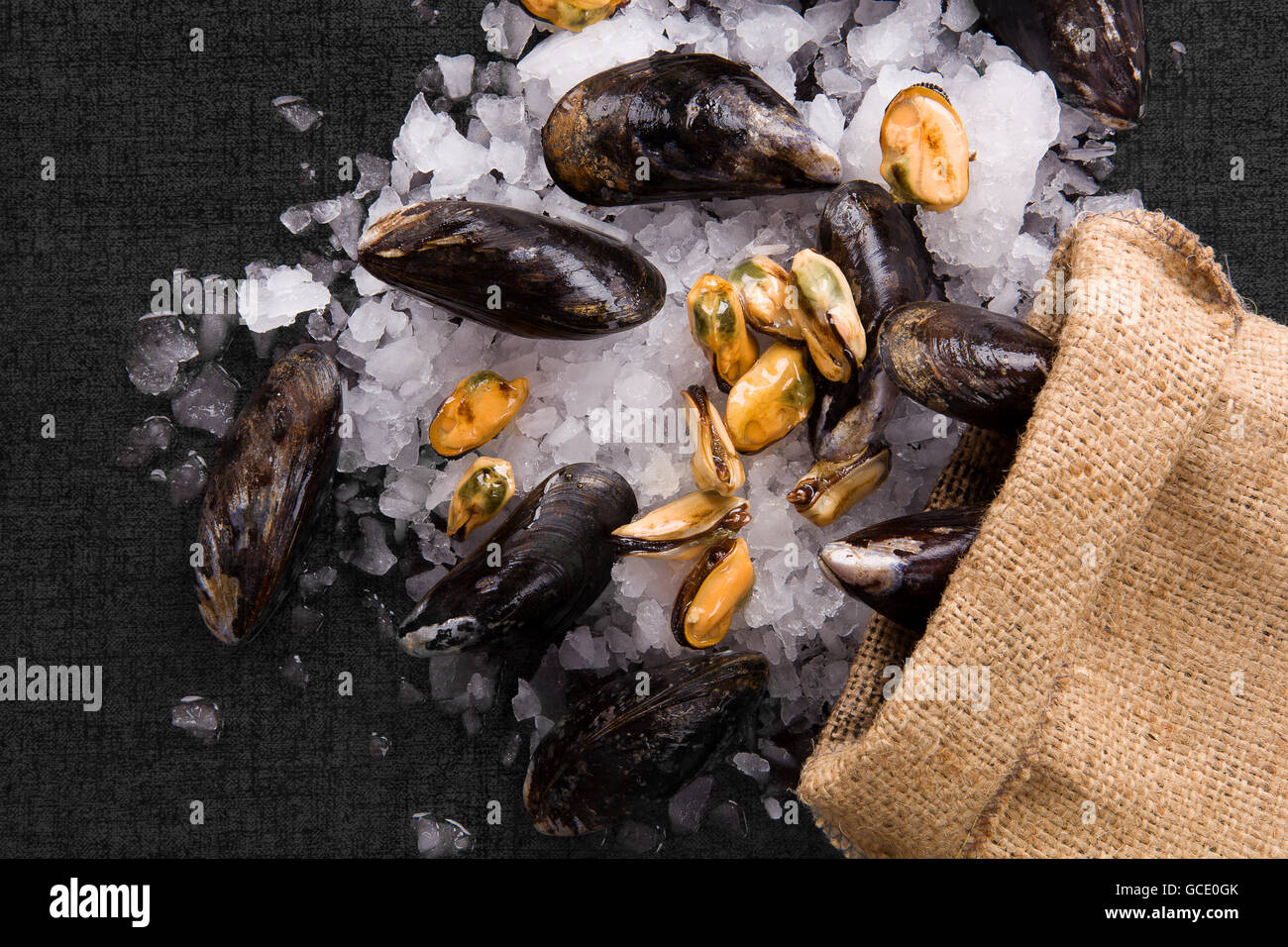 Gusci su ghiaccio sulla tela marrone borsa, laici piana. Lussuoso sfondo di frutti di mare vista dall'alto. Foto Stock
