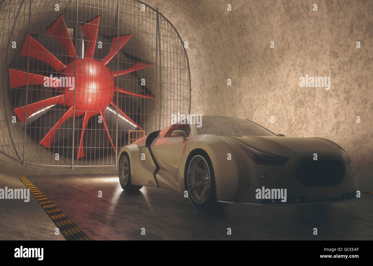 3D'illustrazione, concept car senza riferimento basato su veicoli reali all'interno di galleria del vento. Percorso di clipping incluso. Foto Stock