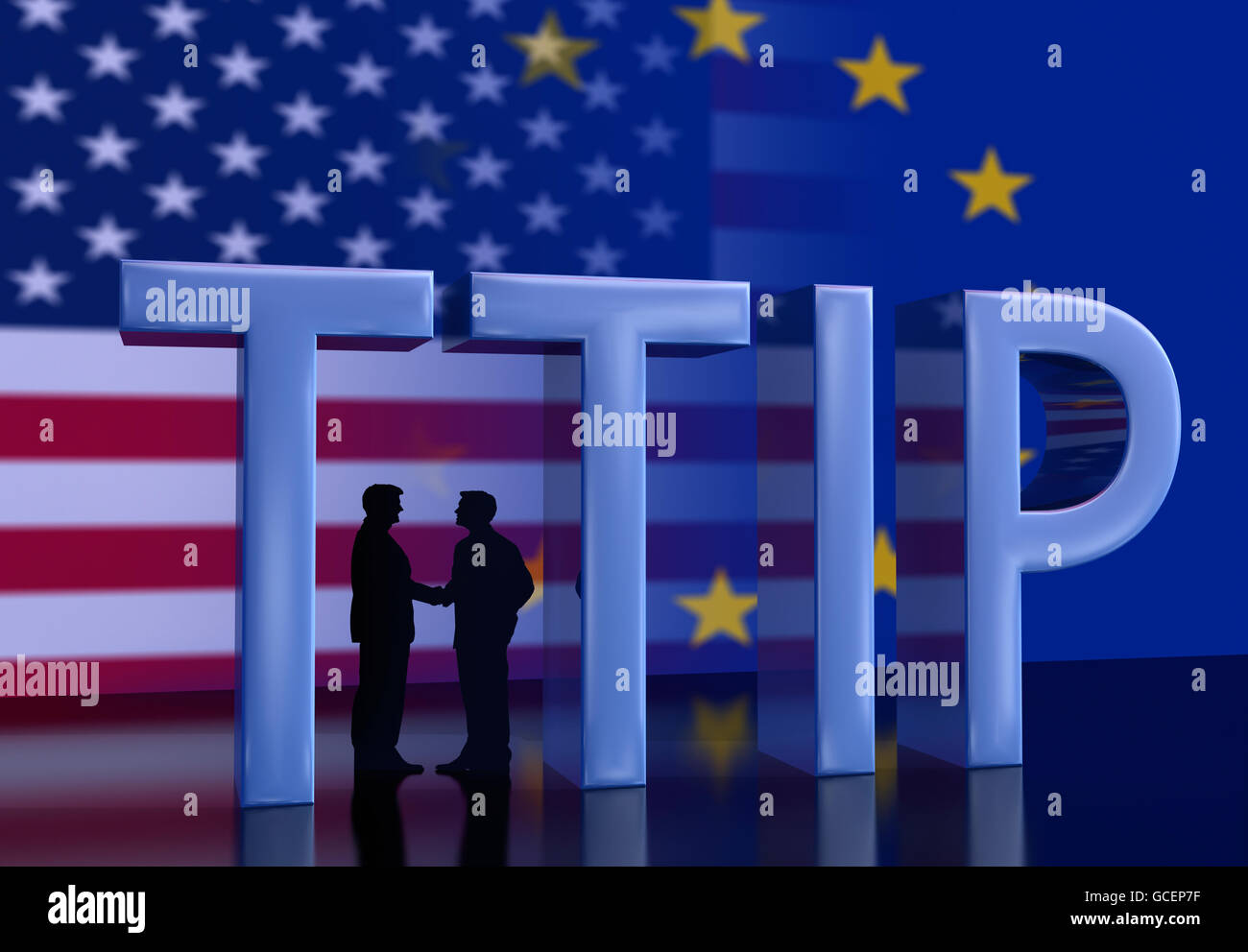 Due imprenditori stringono le mani di fronte a bandiera degli Stati Uniti e la bandiera dell'UE, la scrittura TTIP, ALS, accordo di libero scambio, alla computer grafica Foto Stock