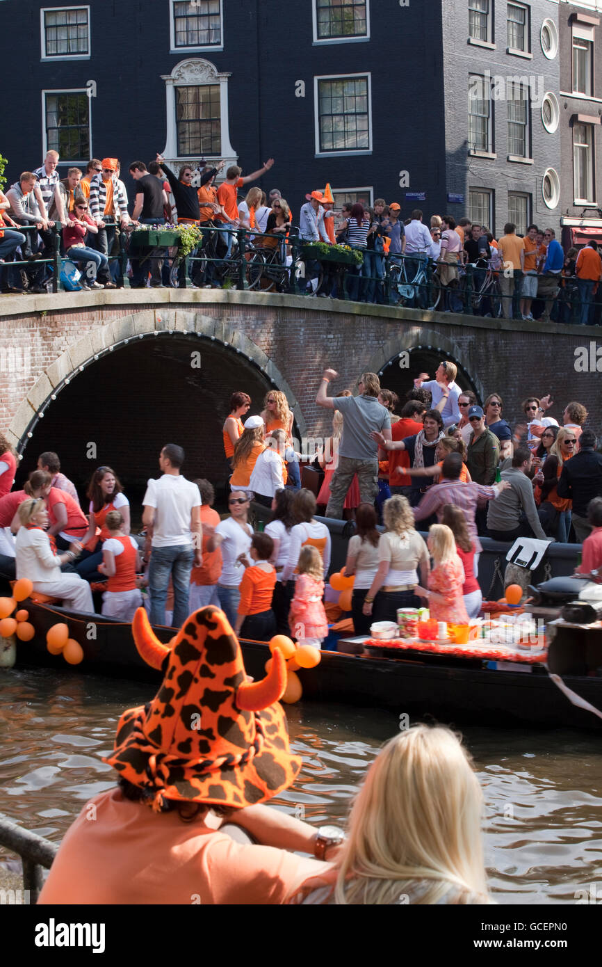 Koninginnedag Festa della Regina, 30 aprile 2009, Prinsengracht Amsterdam, Olanda, Paesi Bassi, Europa Foto Stock