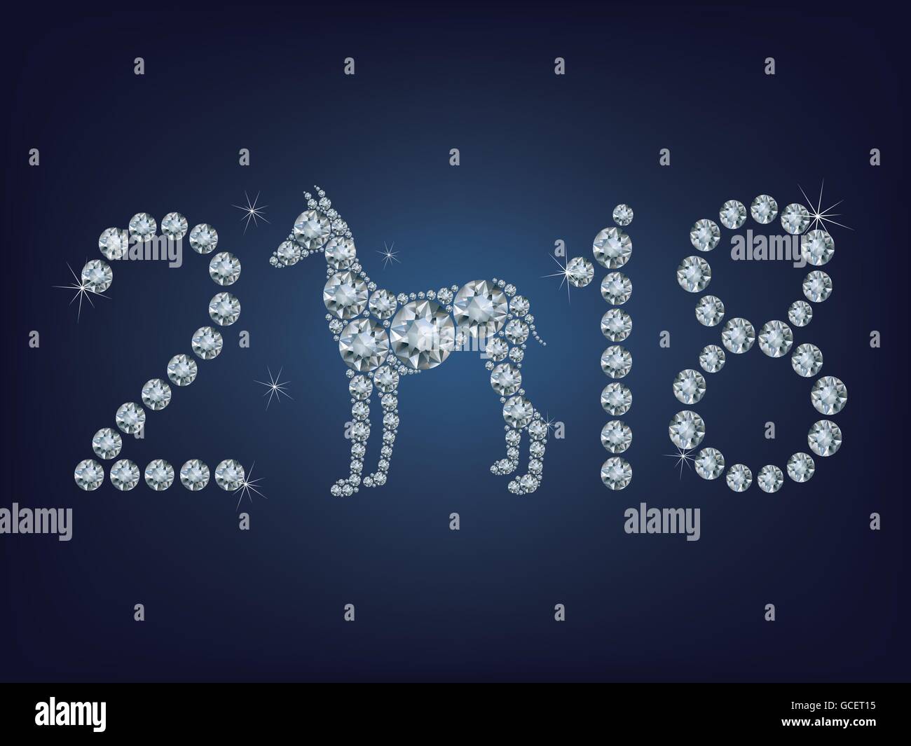 Felice anno nuovo 2018 creative della scheda Messaggi di saluto con cane composto da un sacco di diamanti Illustrazione Vettoriale