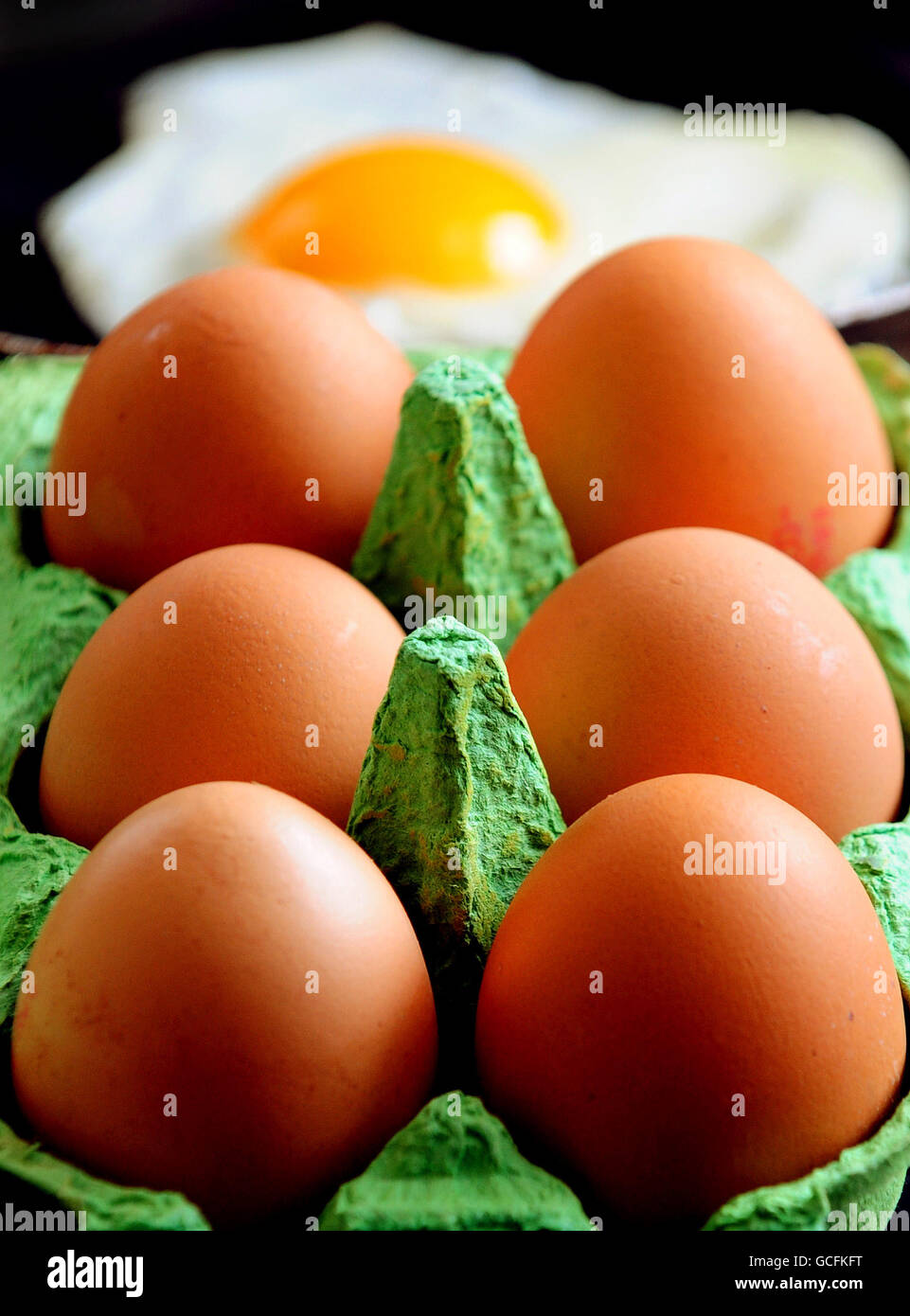 Vista generica delle uova in una scatola di uova e un uovo fritto. Foto Stock