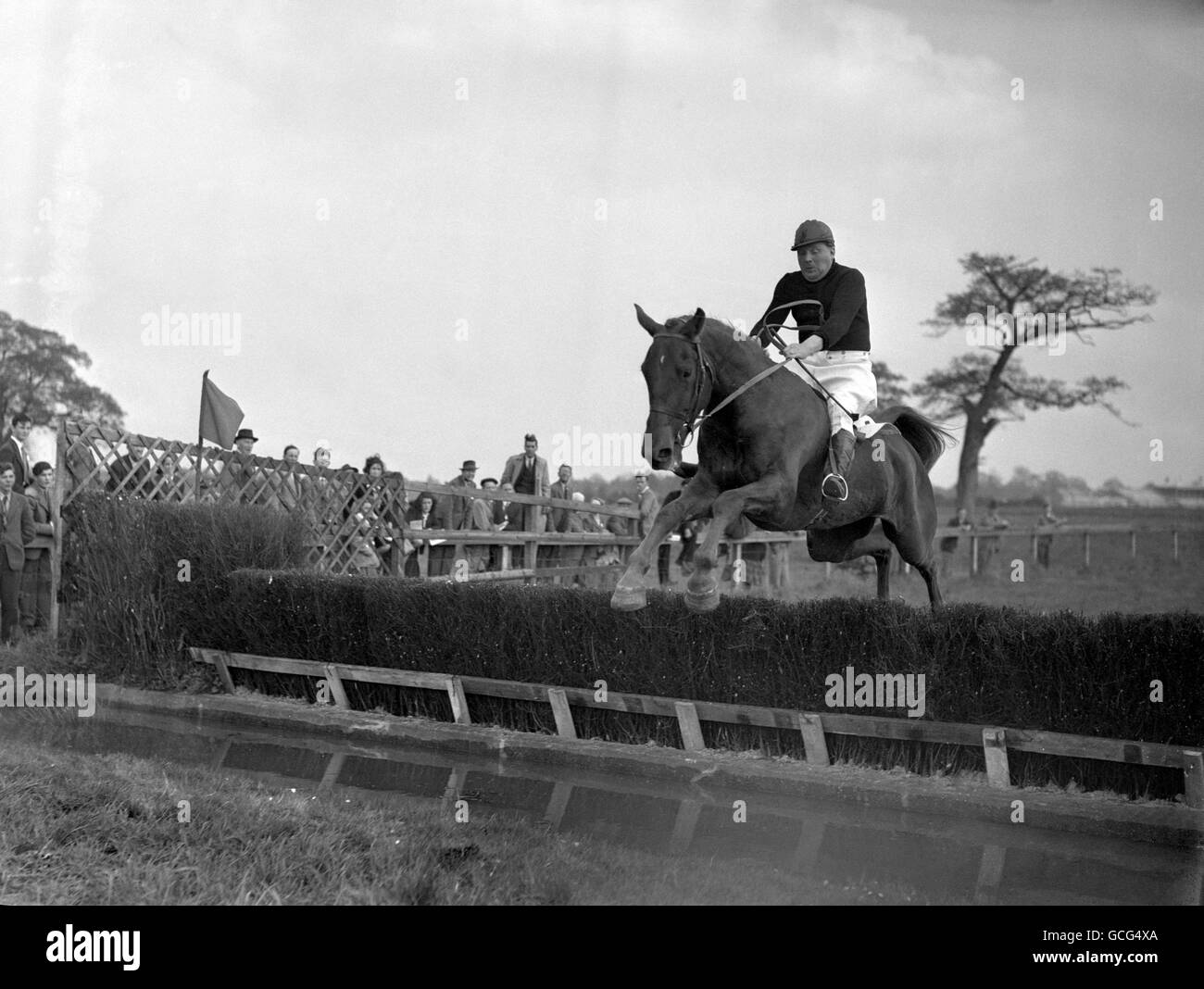 Corse di cavalli - Old Surrey, Burstow e Surrey Union Point to Point Meeting - Ippodromo di Gatwick. H.J Longinette, organizzatore della gara, prende una recinzione su James II. Foto Stock