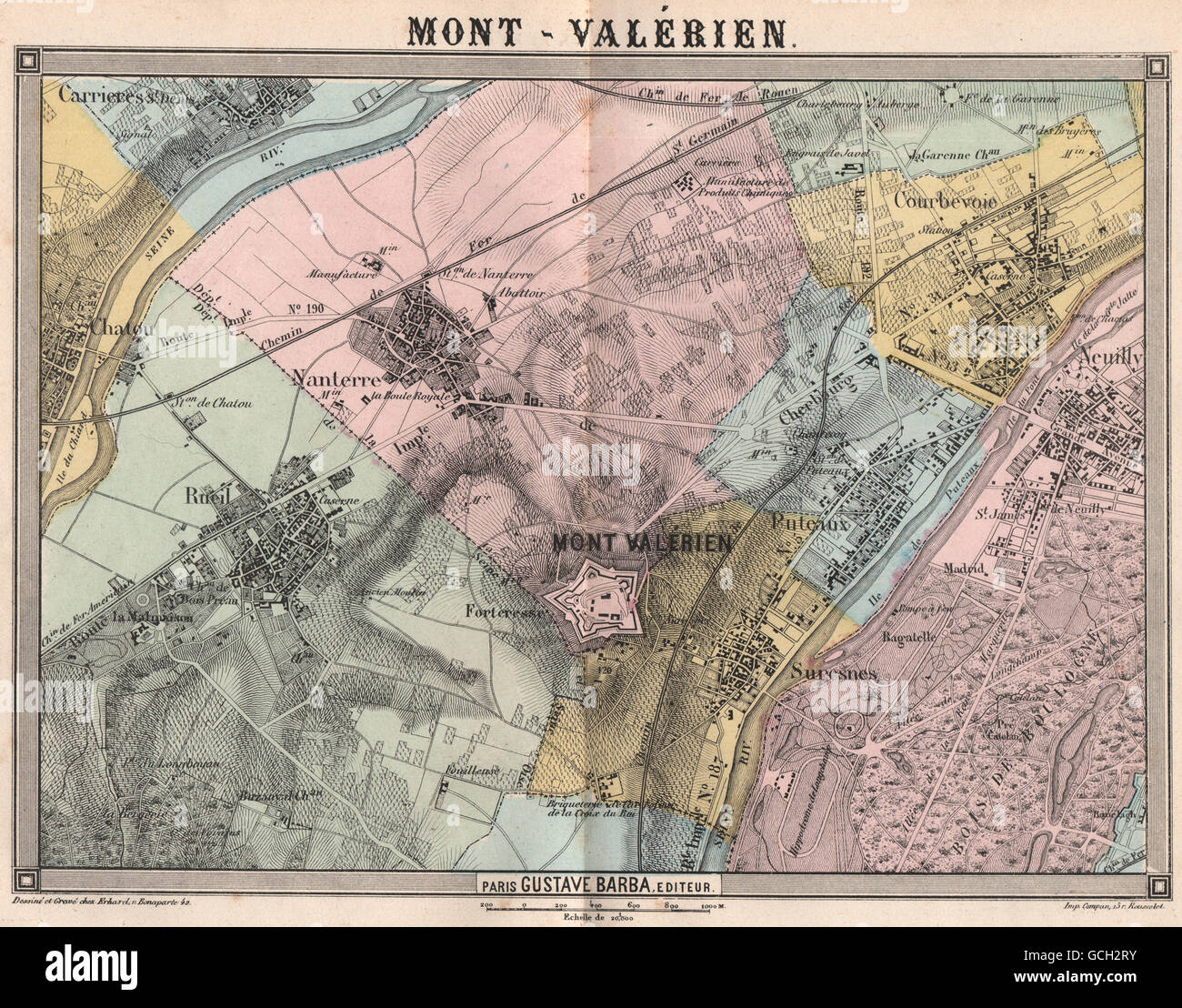 Parigi NW. Mont-Valérien Neuilly Suresnes Courbevoie Rueil Nanterre, 1860 Mappa Foto Stock