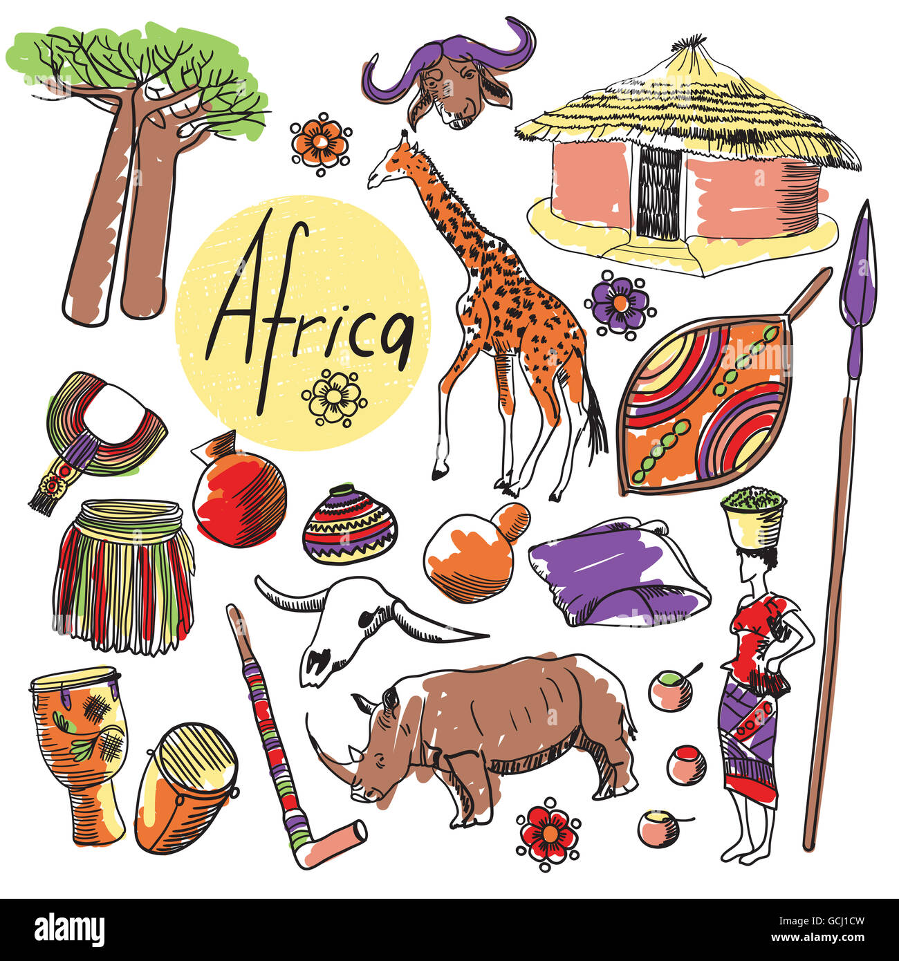Insieme di attrazioni turistiche Africa. Foto Stock