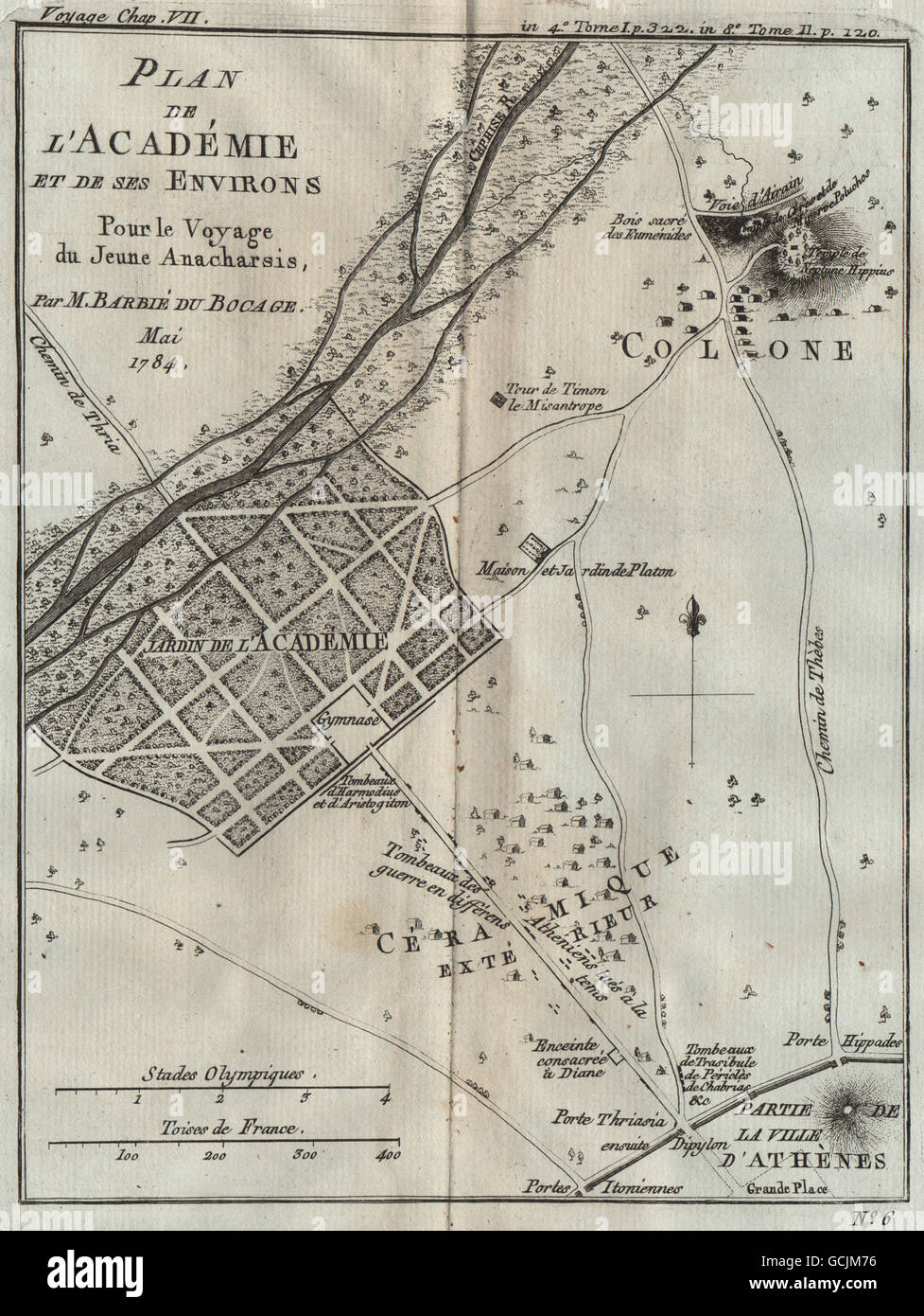 Accademia Platonica. Plan de l'Académie. Hippeios Colonus. Atene. BOCAGE, 1790 Mappa Foto Stock