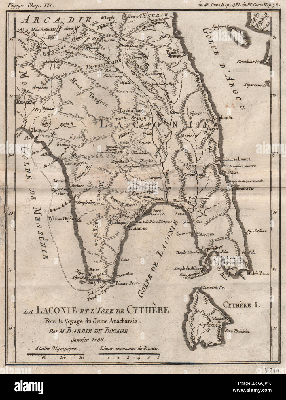 Grecia antica. Laconie (Laconia) & Cythère (KITHIRA). BARBIÉ DU BOCAGE 1790 mappa Foto Stock