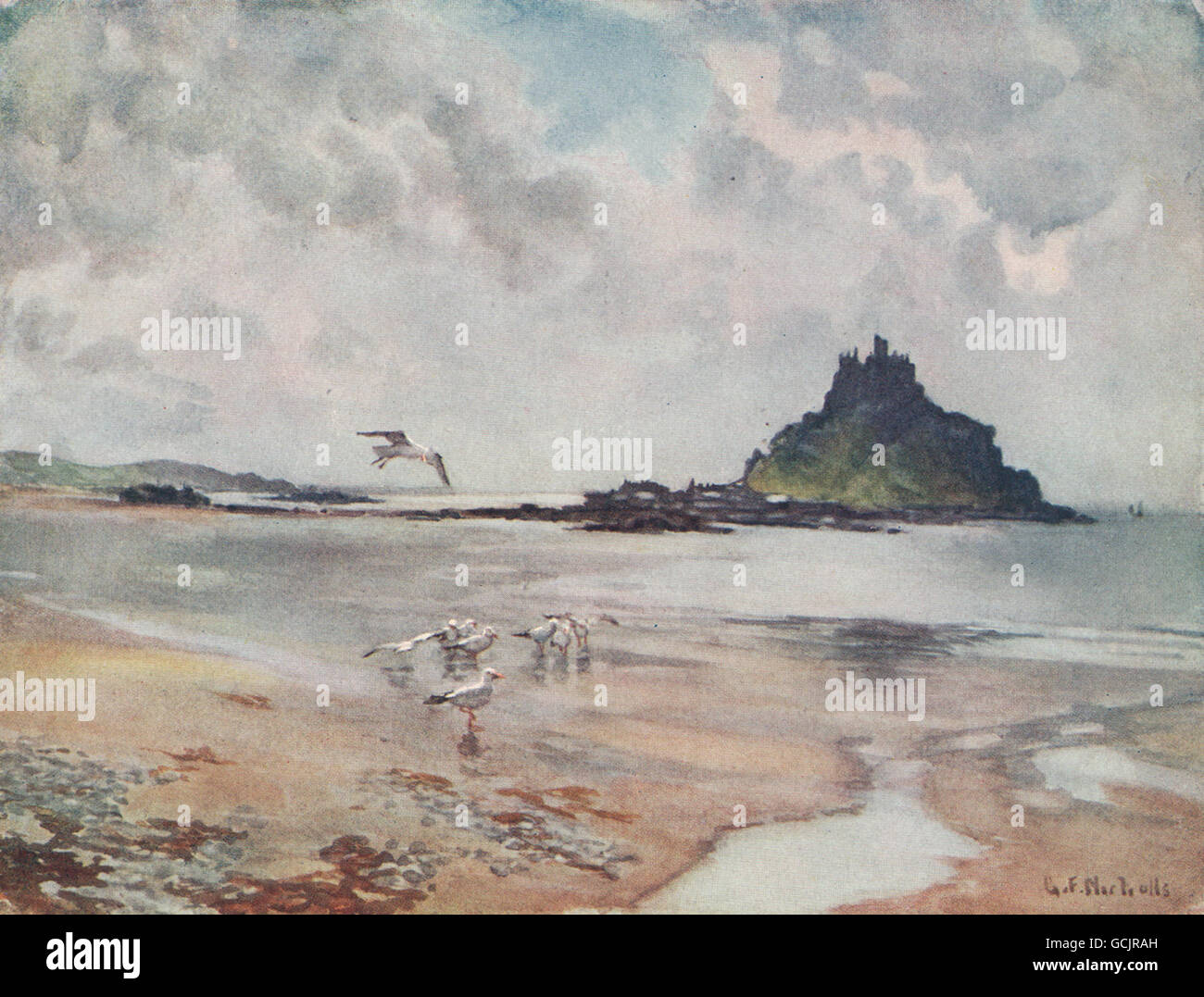 ST Michael's Mount. Vista sulla spiaggia. Gabbiani. La Cornovaglia. GF Nicholls, 1915 Foto Stock