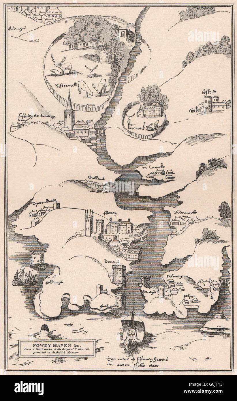 FOWEY HAVEN. Piano di disegno preso da un sedicesimo secolo mappa, 1915 Foto Stock