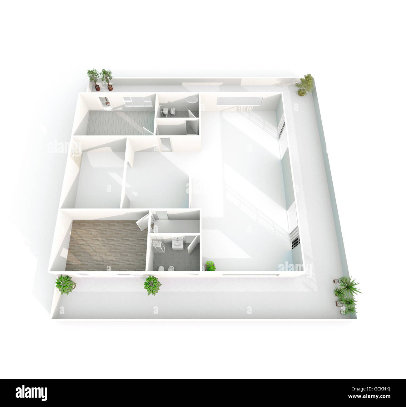 3D Interni rendering vista prospettica del vuoto bianco home appartamento con pavimenti in materiali e balcone Foto Stock