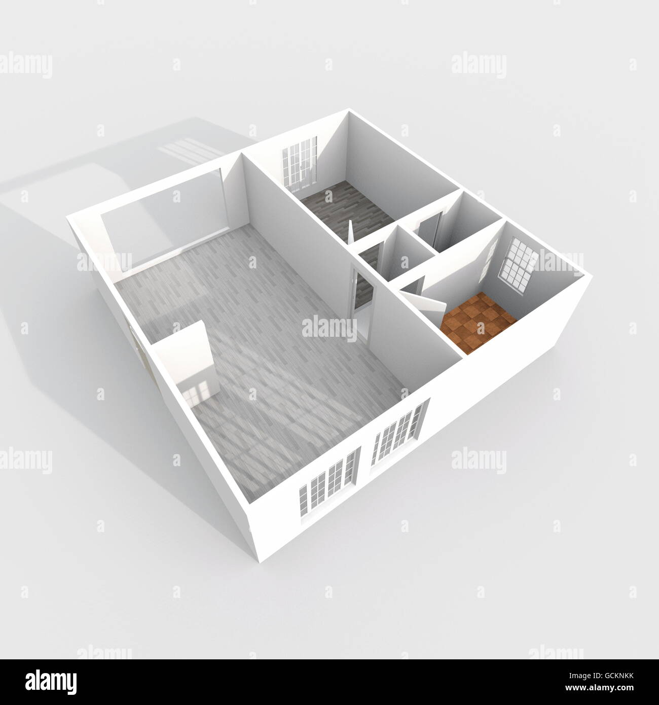 3D Interni rendering vista prospettica del vuoto bianco home appartamento con pavimenti in materiali: camera, bagno, camera da letto, cucina Foto Stock