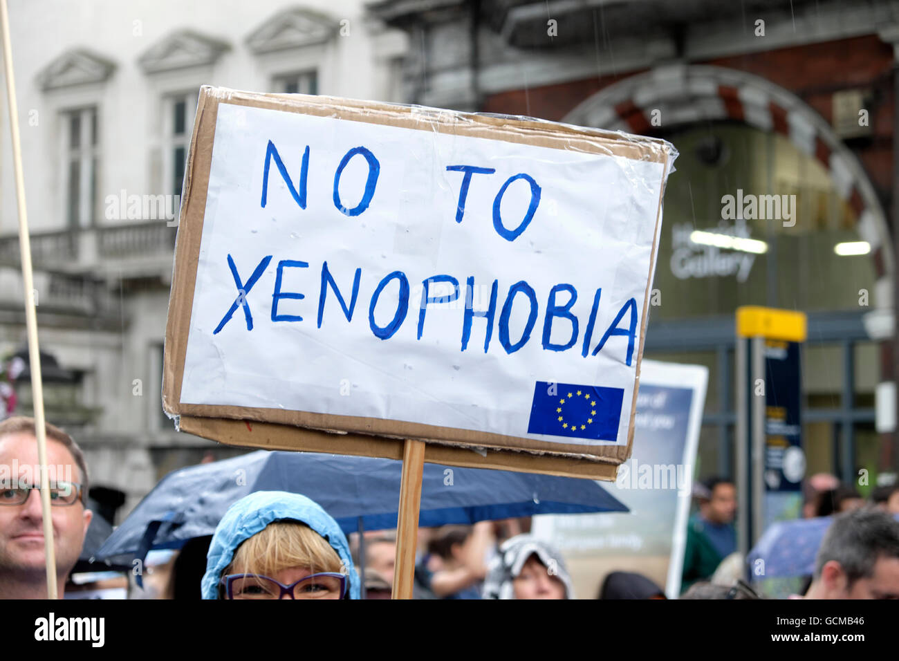 Manifesto della xenofobia l'UE firma i manifestanti alla dimostrazione anti-Brexit "marcia per l'Europa" a Londra Inghilterra 23 giugno 2016 KATHY DEWITT Foto Stock