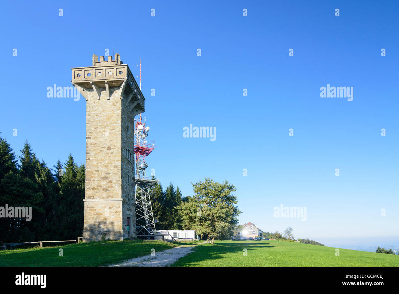 San Pietro in der Au mount Plattenberg con l'Imperatrice Elisabetta - torre di osservazione Austria Niederösterreich, Austria inferiore Mos Foto Stock