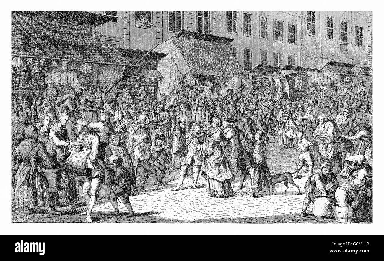 Vista di Berlino nel XVIII secolo - persone si affollano il mercato di Natale nel tempo di Avvento Foto Stock