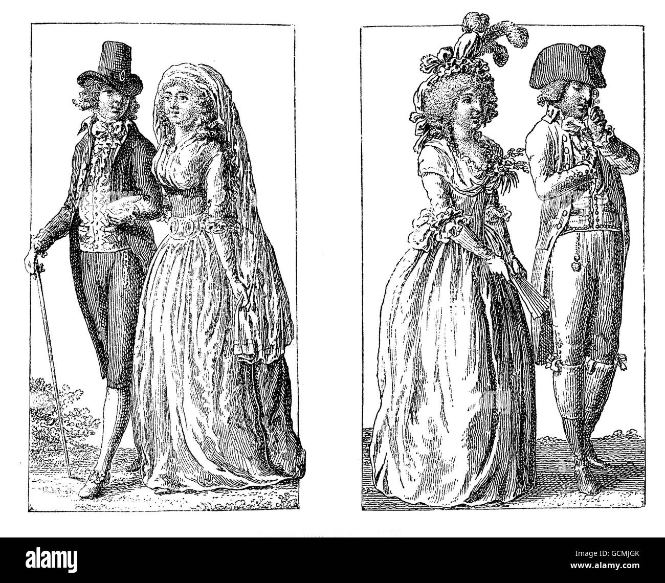 Gli uomini e le donne di moda in tardo XVIII secolo Foto Stock