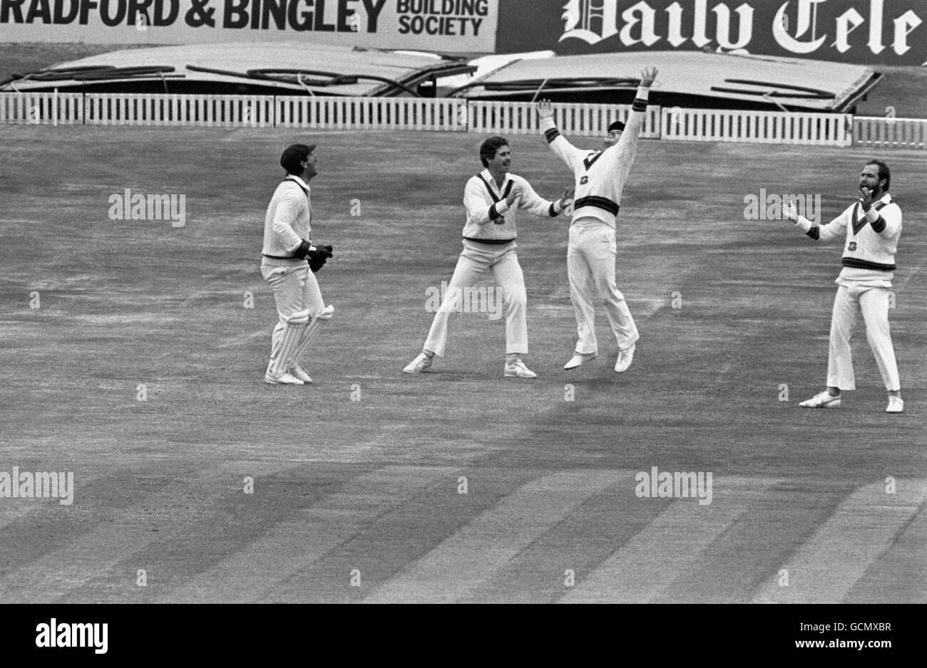 Un fielder australiano trionfante Allan Border (centro) salta in aria dopo una cattura superba anche unendosi alla celebrazione (sinistra) wicket-keeper Rod Marsh, Graeme Wood, (destra) Ray Bright Foto Stock