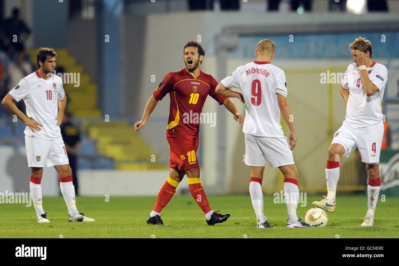 Il Montenegro Radomir Djalovi celebra dopo che Mirko Vucinic (non raffigurato) ha segnato il gol di apertura durante la partita di qualificazione del Campionato europeo UEFA al Centro tecnico Montenegro di Podgorica. Foto Stock
