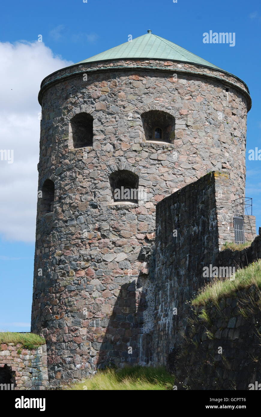 Torre di pietra a Bohus Fortezza, Nordic Historic Site, più di 700 anni, invano assediato più volte Foto Stock