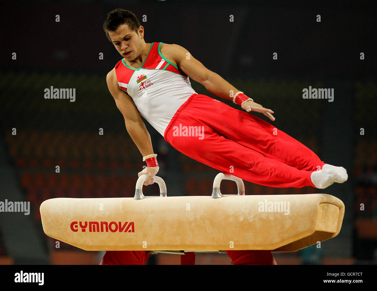 Wales' Grant Gardiner in azione sul Cavallo Pommell nella Ginnastica artistica maschile durante il giorno uno dei Giochi del Commonwealth 2010 all'Indira Gandhi Arena di New Delhi, India. Foto Stock