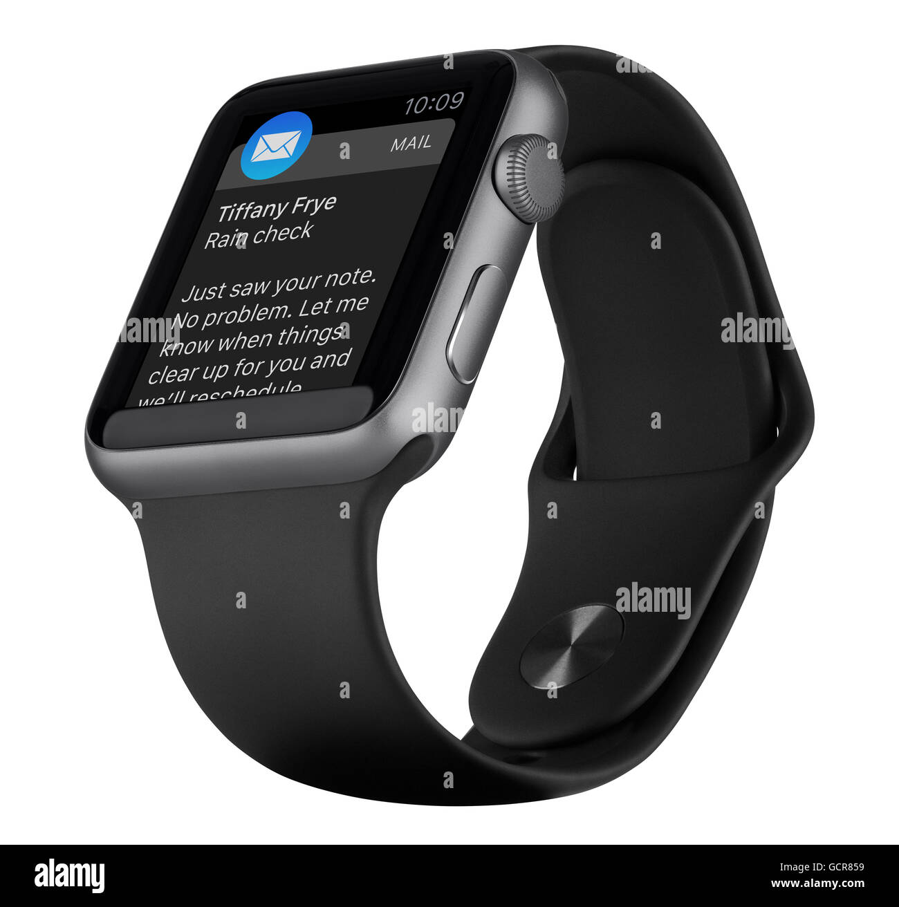 Varna, Bulgaria - 18 Ottobre 2015: dal basso verso l'alto vista di Apple guardare dello sport 42mm di spazio grigio custodia in alluminio nero con fascia sportiva Foto Stock