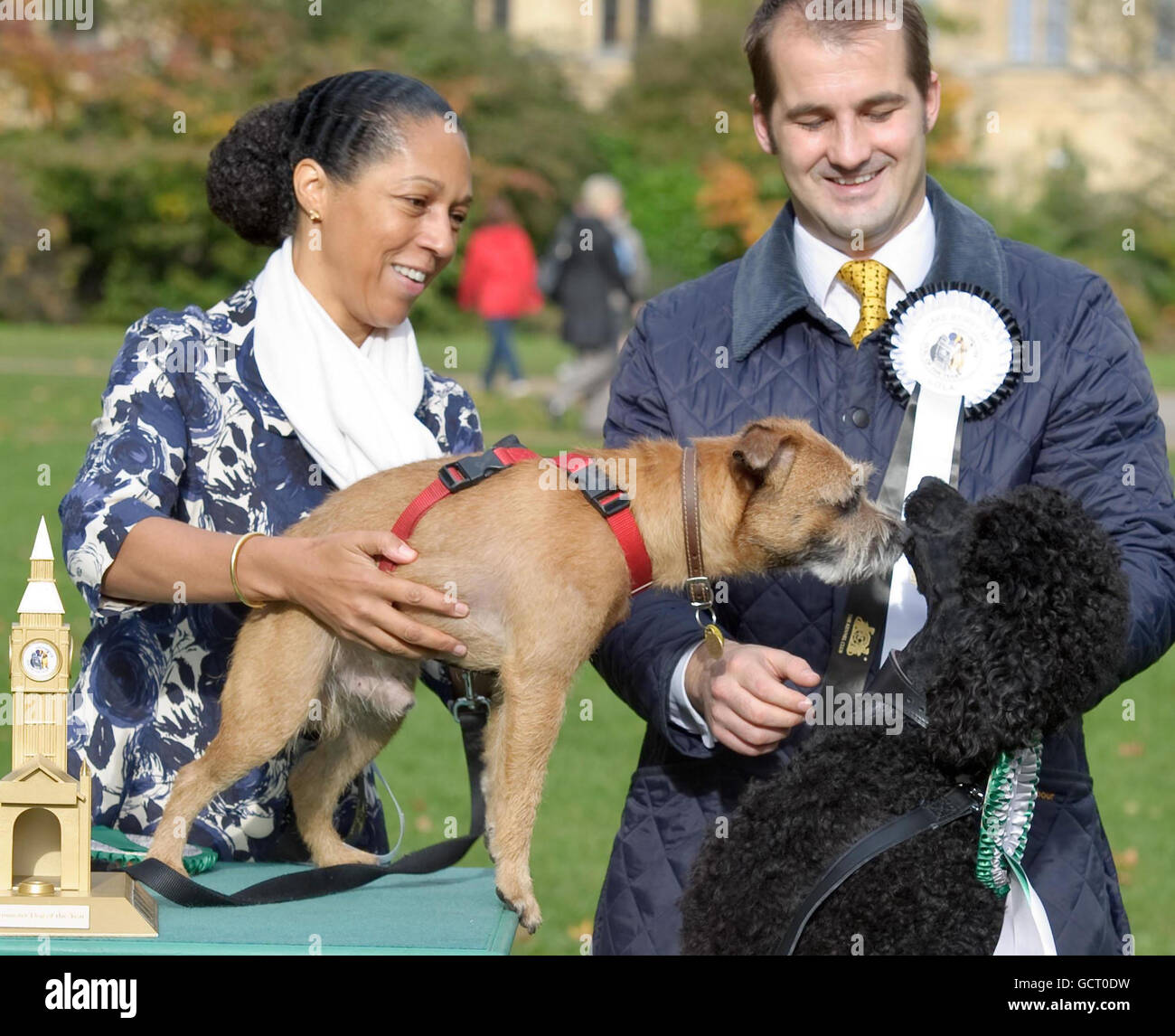 Charlie, il vettore di frontiera di 5 anni che appartiene al MP Helen Grant per Maidstone e il Weald e vincitore del concorso Westminster Dog of the Year di quest'anno incontra il secondo classificato Lola, il barile standard di 1 anno che appartiene al MP Jake Berry per Rossendale e Darwen, Presso i Victoria Tower Gardens di Londra. Foto Stock