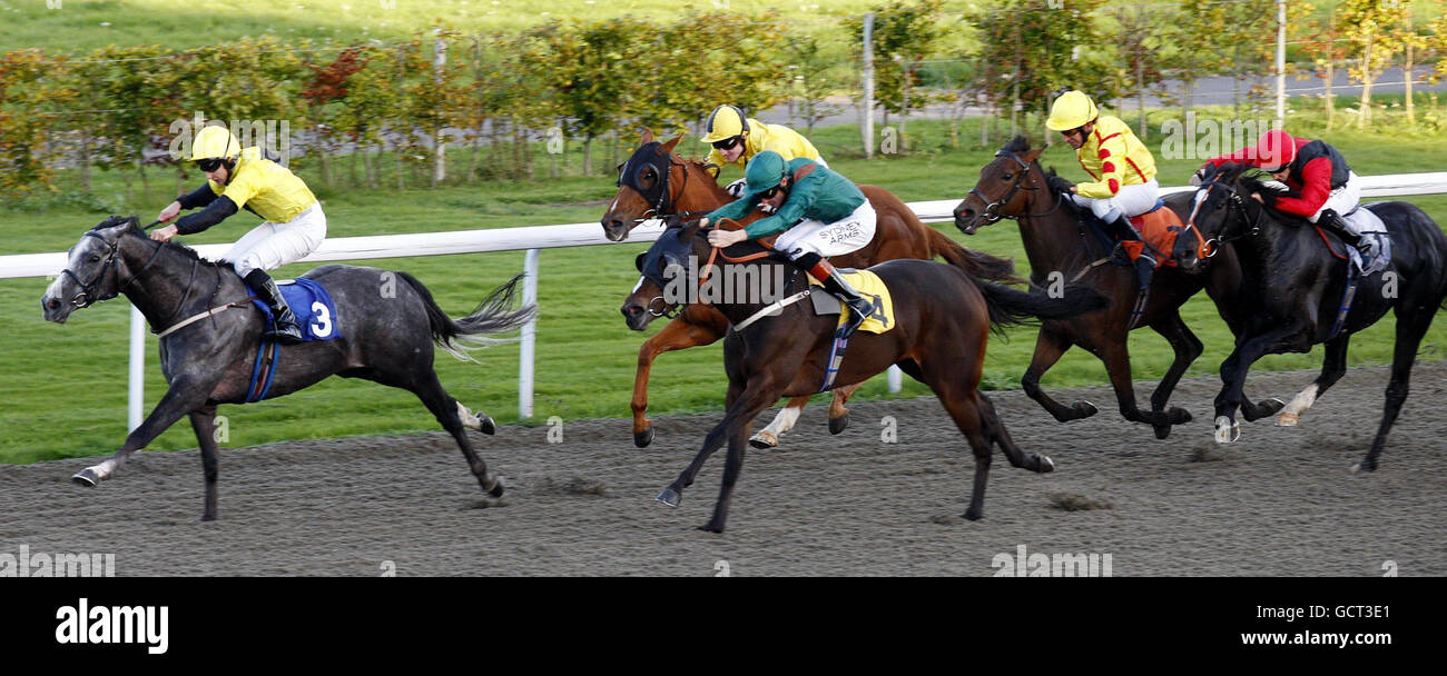 Duke of Rainford guidato da Tony Culhane (a sinistra) vince il Kia Sportage handicap all'ippodromo di Kempton. Foto Stock