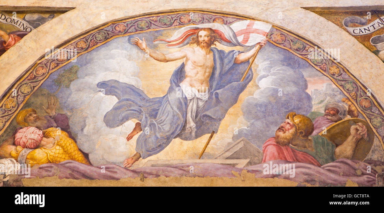 CREMONA, Italia - 24 Maggio 2016: l'affresco della risurrezione di Gesù nella Chiesa di Santa Rita da Giulio Campi (1547). Foto Stock