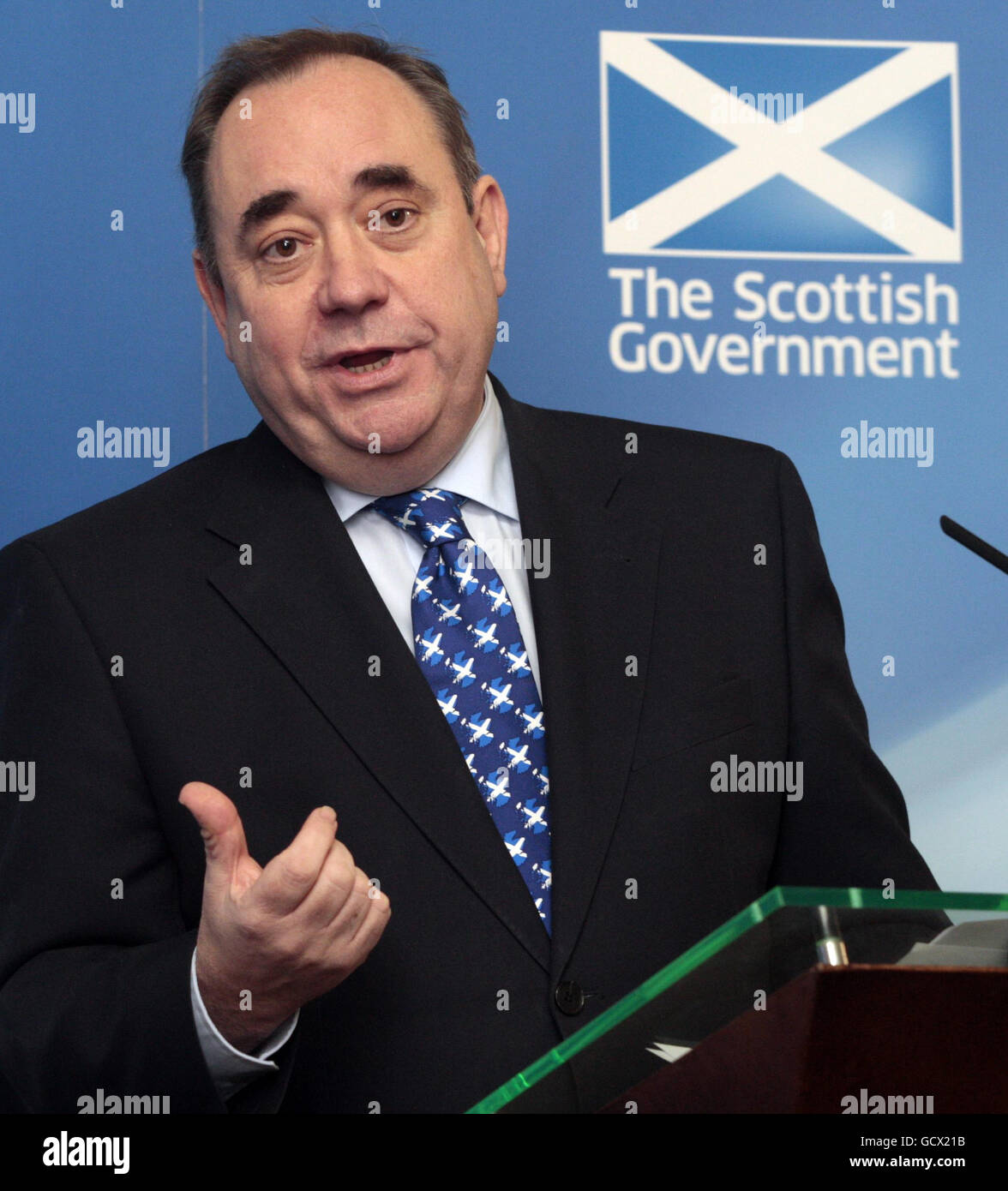 Il primo ministro scozzese Alex Salmond ha tenuto un discorso sulla legge scozzese in occasione di una conferenza stampa a Edimburgo. Foto Stock