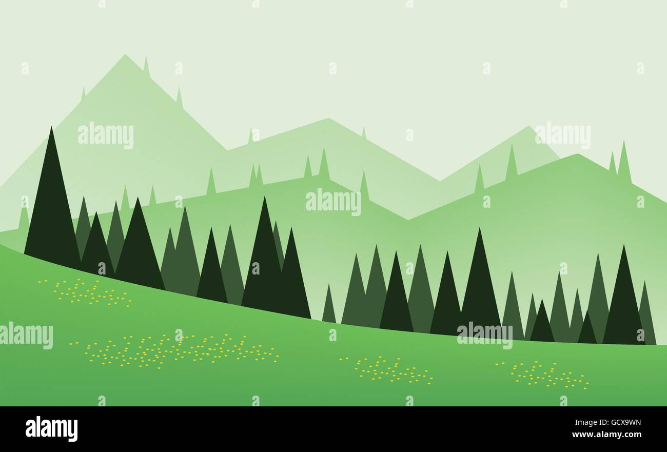 Paesaggio Astratto design con verdi alberi, colline e nebbia, fiori di colore giallo su campi, di tipo piatto. Vettore digitale dell'immagine. Illustrazione Vettoriale