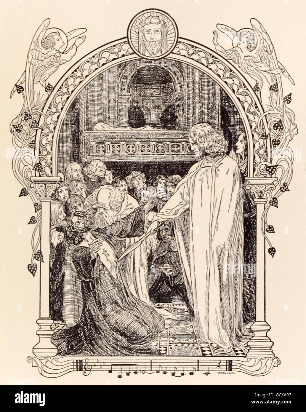 "Parsifal guarigione re Amfortas." Franz Stassen (1869-1949) illustrazione per "Parsifal" di Richard Wagner (1813-1883). Atto 3, nel castello del Graal, Amfortas viene portato davanti al santuario del Santo Graal e guarito. Vedere la descrizione per maggiori informazioni. Foto Stock
