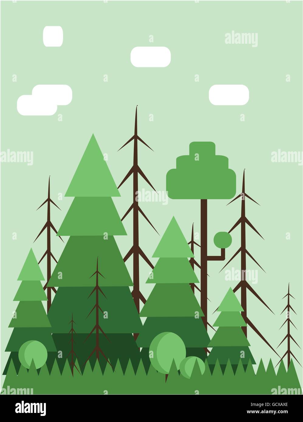 Paesaggio Astratto design con alberi verdi e le nuvole, di tipo piatto. Vettore digitale dell'immagine. Illustrazione Vettoriale