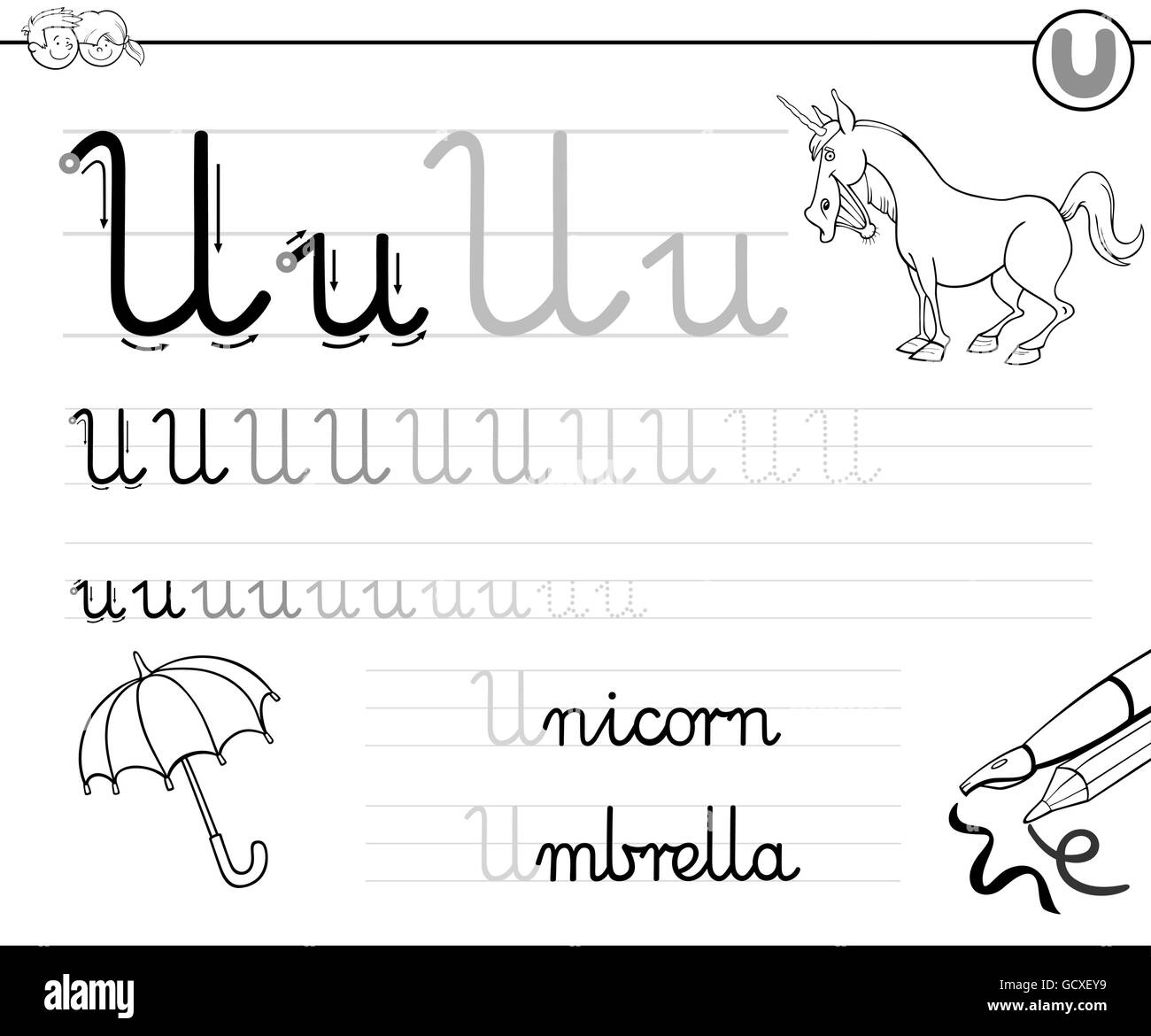 Bianco e Nero Cartoon illustrazione di abilità di scrittura pratica con la lettera U Foglio di lavoro per i bambini Libro da colorare Illustrazione Vettoriale