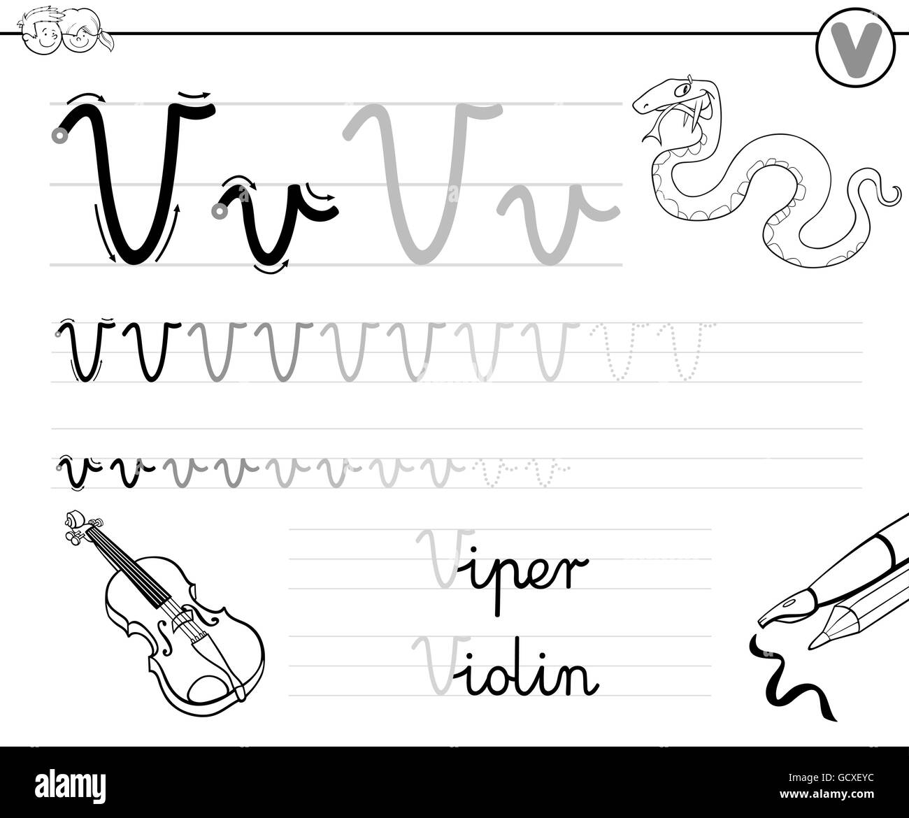 Bianco e Nero Cartoon illustrazione di abilità di scrittura pratica con la lettera V Foglio di lavoro per i bambini Libro da colorare Illustrazione Vettoriale