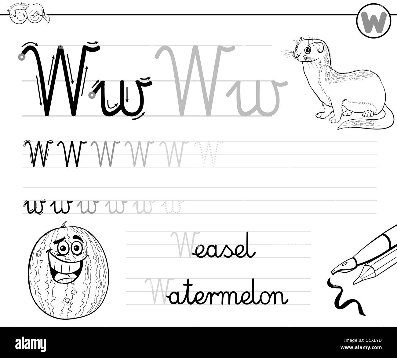 Bianco e Nero Cartoon illustrazione di abilità di scrittura pratica con la lettera W Foglio di lavoro per i bambini Libro da colorare Illustrazione Vettoriale