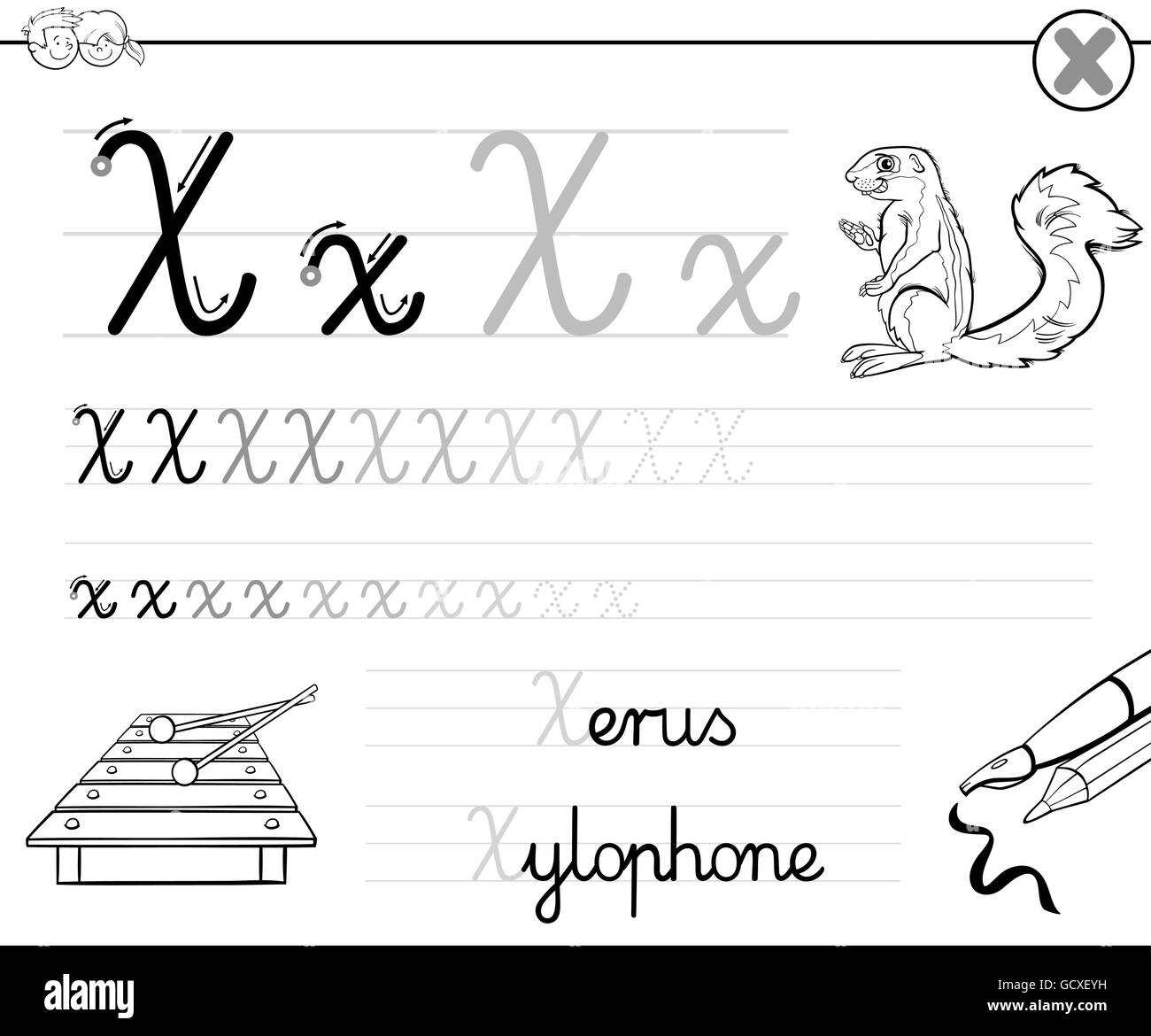 Bianco e Nero Cartoon illustrazione di abilità di scrittura pratica con la lettera X Foglio di lavoro per i bambini Libro da colorare Illustrazione Vettoriale