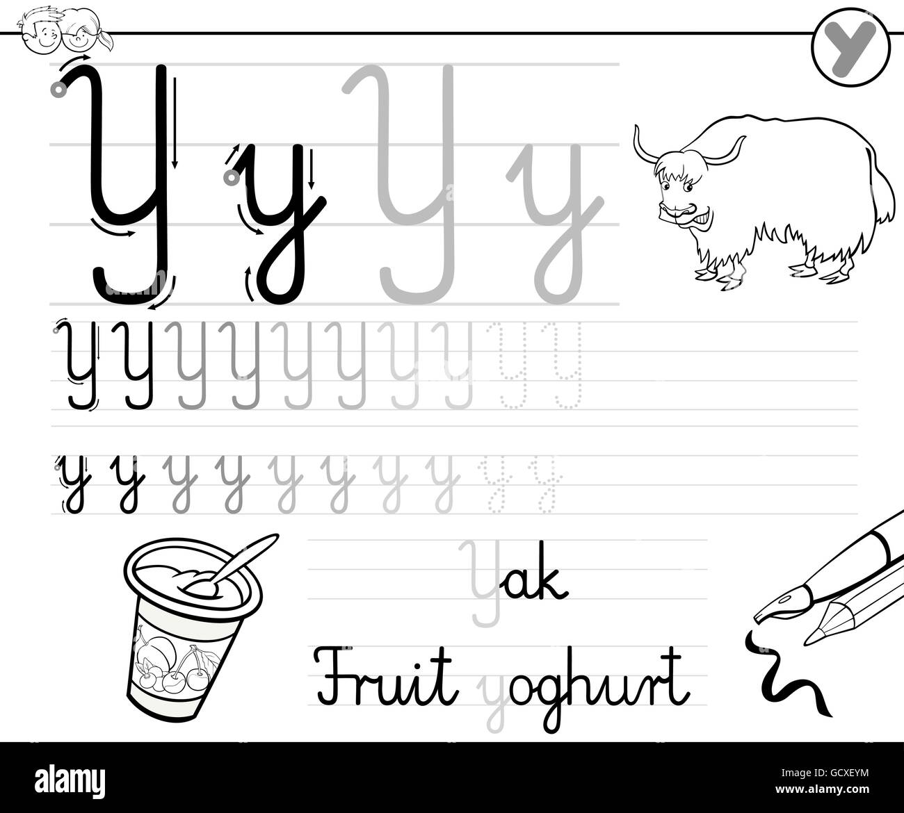 Bianco e Nero Cartoon illustrazione di abilità di scrittura pratica con la lettera Y Foglio di lavoro per i bambini Libro da colorare Illustrazione Vettoriale