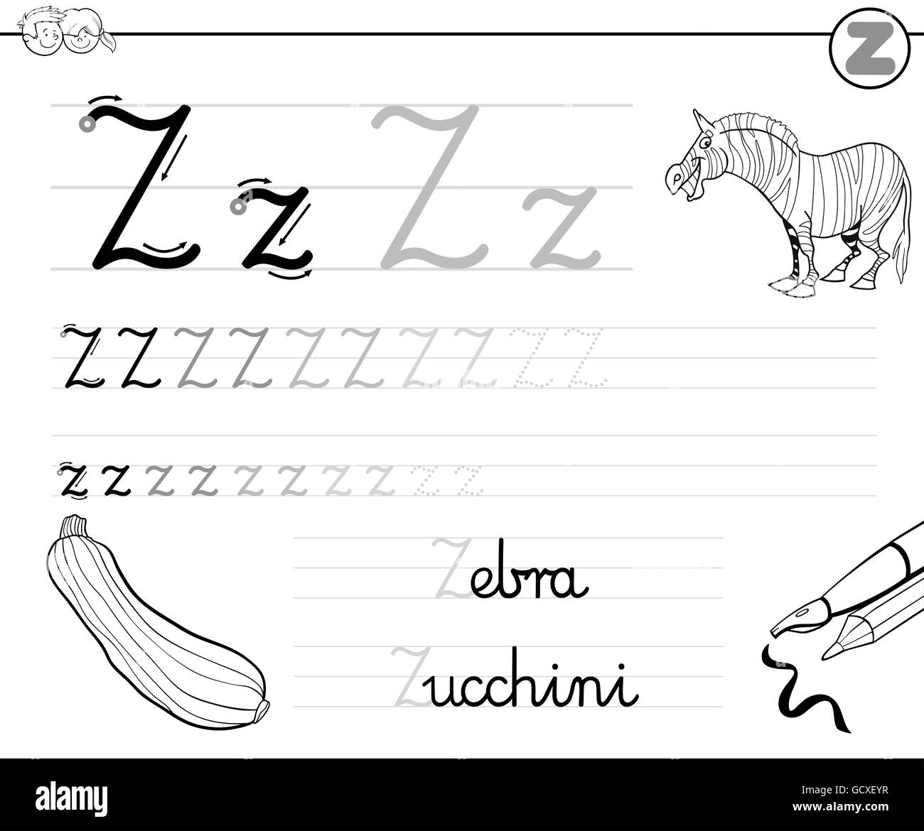 Bianco e Nero Cartoon illustrazione di abilità di scrittura pratica con la lettera Z Foglio di lavoro per i bambini Libro da colorare Illustrazione Vettoriale