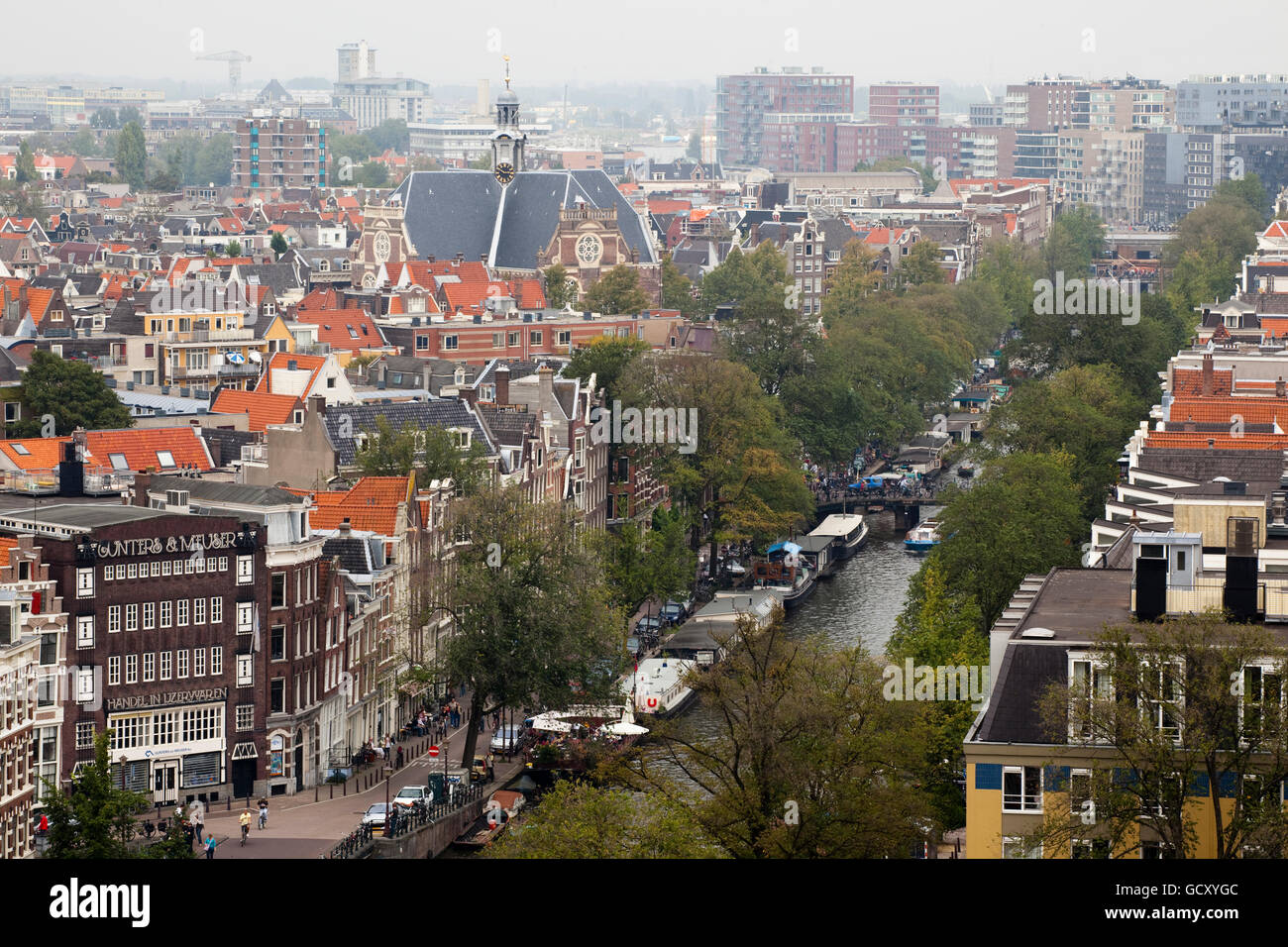 Vista dalla Westerkerk sul canale Prinsengracht e la chiesa Norderkerk, Amsterdam, Olanda, Paesi Bassi, Europa Foto Stock