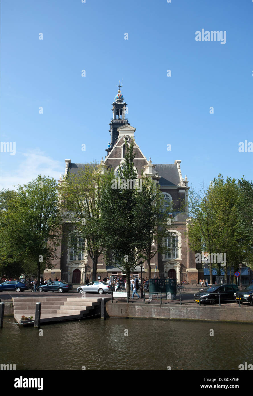 Westerkerk West chiesa, sul canale Prinsengracht Amsterdam, Olanda, Paesi Bassi, Europa Foto Stock