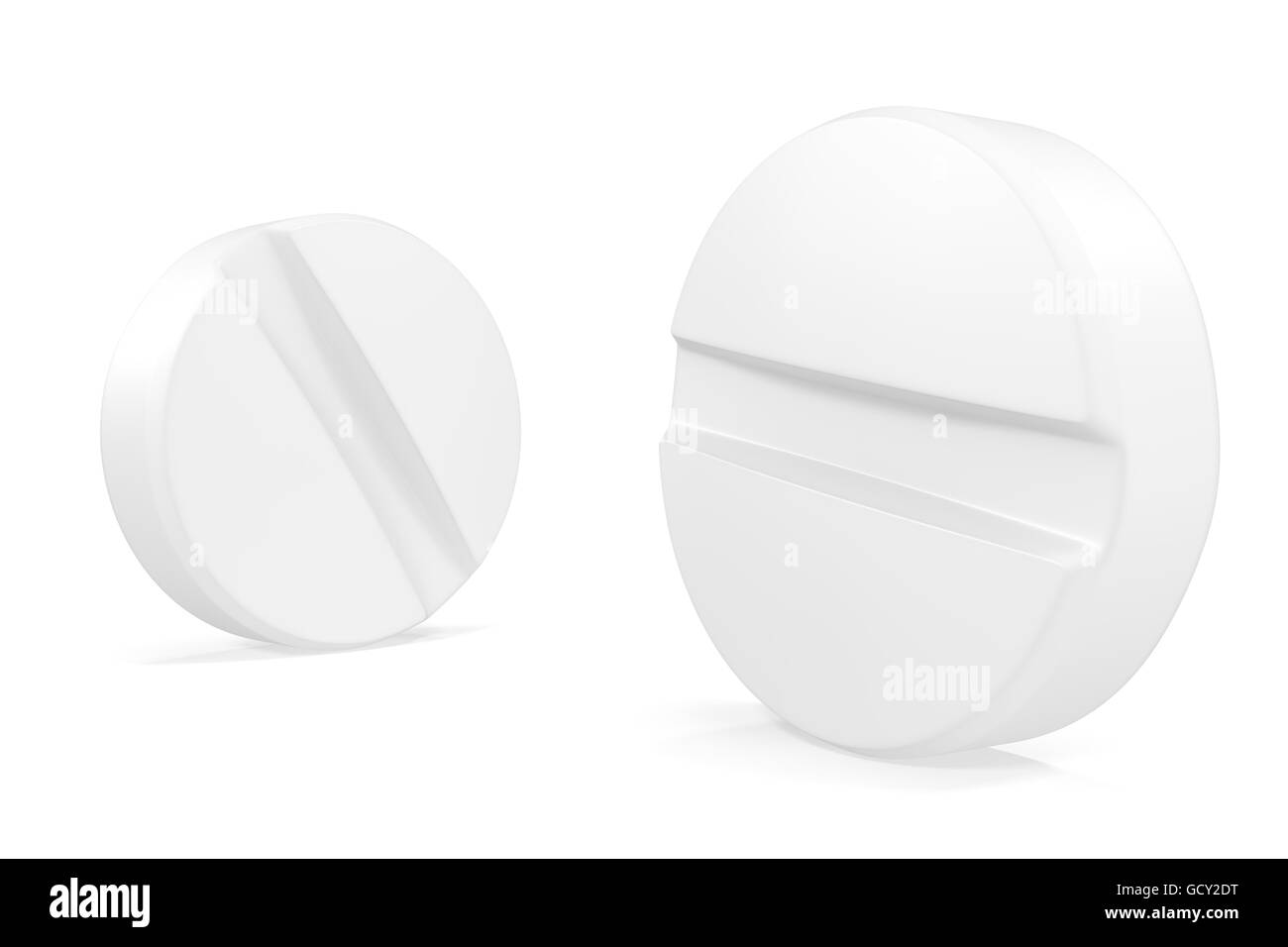 Due pillole di close-up isolati su sfondo bianco. 3d illustrazione Foto Stock