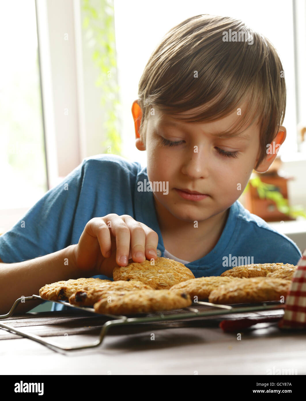 Ragazzo biondo mangiare i fiocchi d'avena cookie su cucina Foto Stock