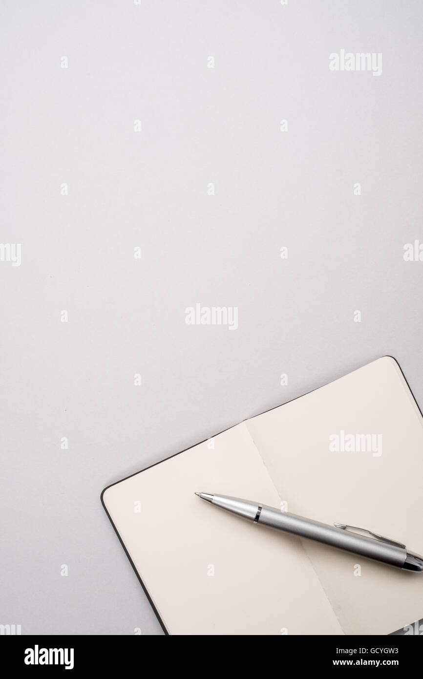 Vuoto notebook aperto con penna Foto Stock