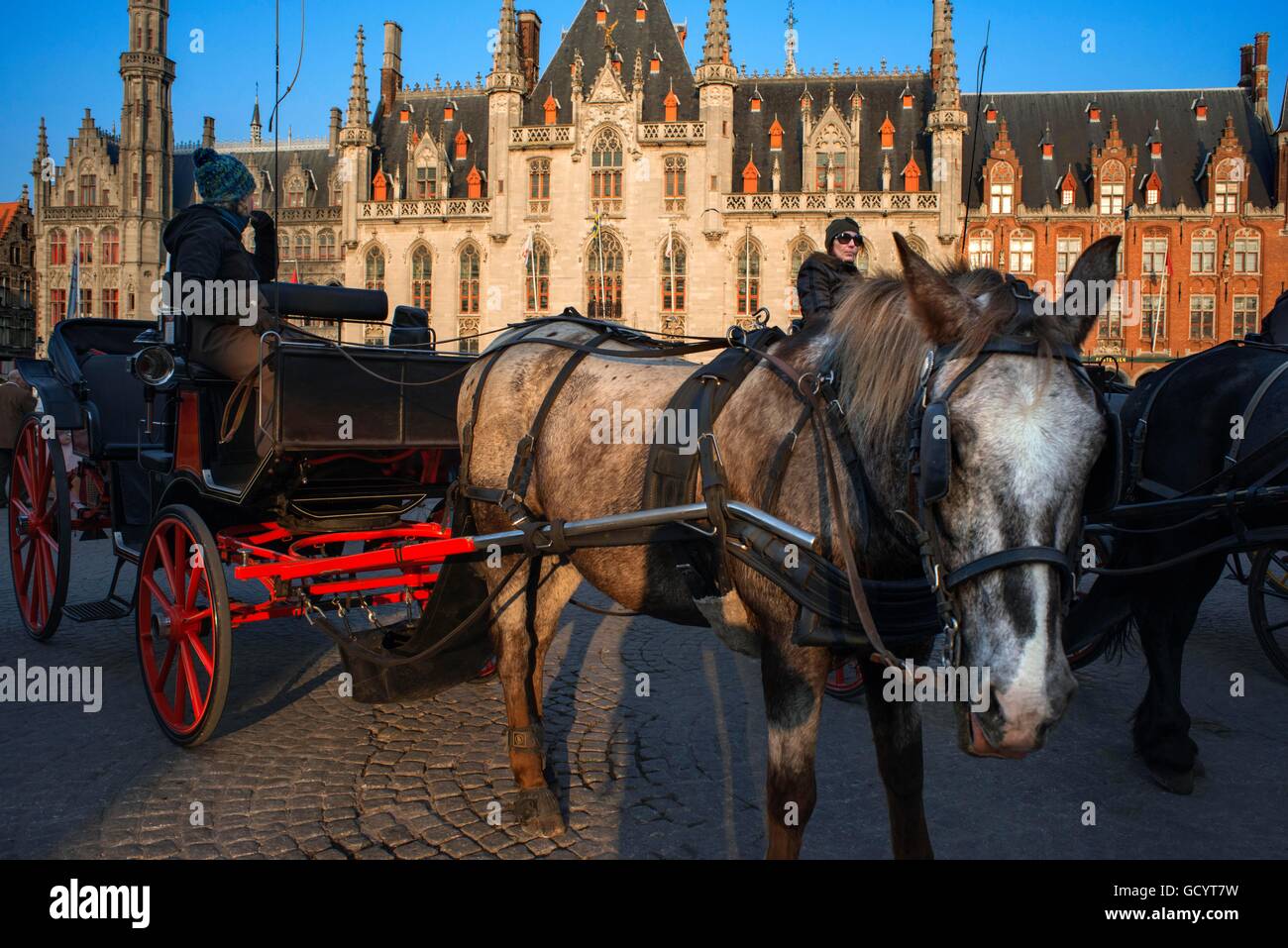 Tourist cavallo e carrozza prima che il tribunale provinciale, Provincaal Hof in Grote Markt e la piazza del mercato di Bruges (Brugge), Belgio Foto Stock