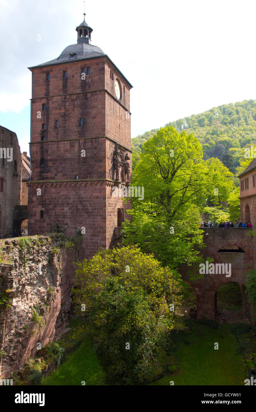 Una magnifica pietra arenaria rossa rovina appollaiato a 300 piedi sopra la valle del Neckar, Heidelberg Castle è stato a casa per la monarchia Palitinate Foto Stock
